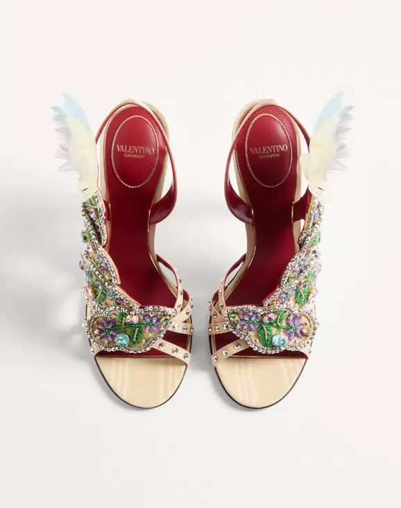Valentino Dans Le Foyer Sandal In Moiré Fabric With Floral Embroidery And Feathers 105Mm - Image 5